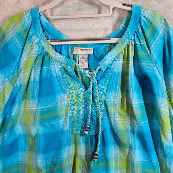Catherines Plaid Peasant Top Womens 3X Turquoise Green silver Embroidery peasant - Picture 3 of 13